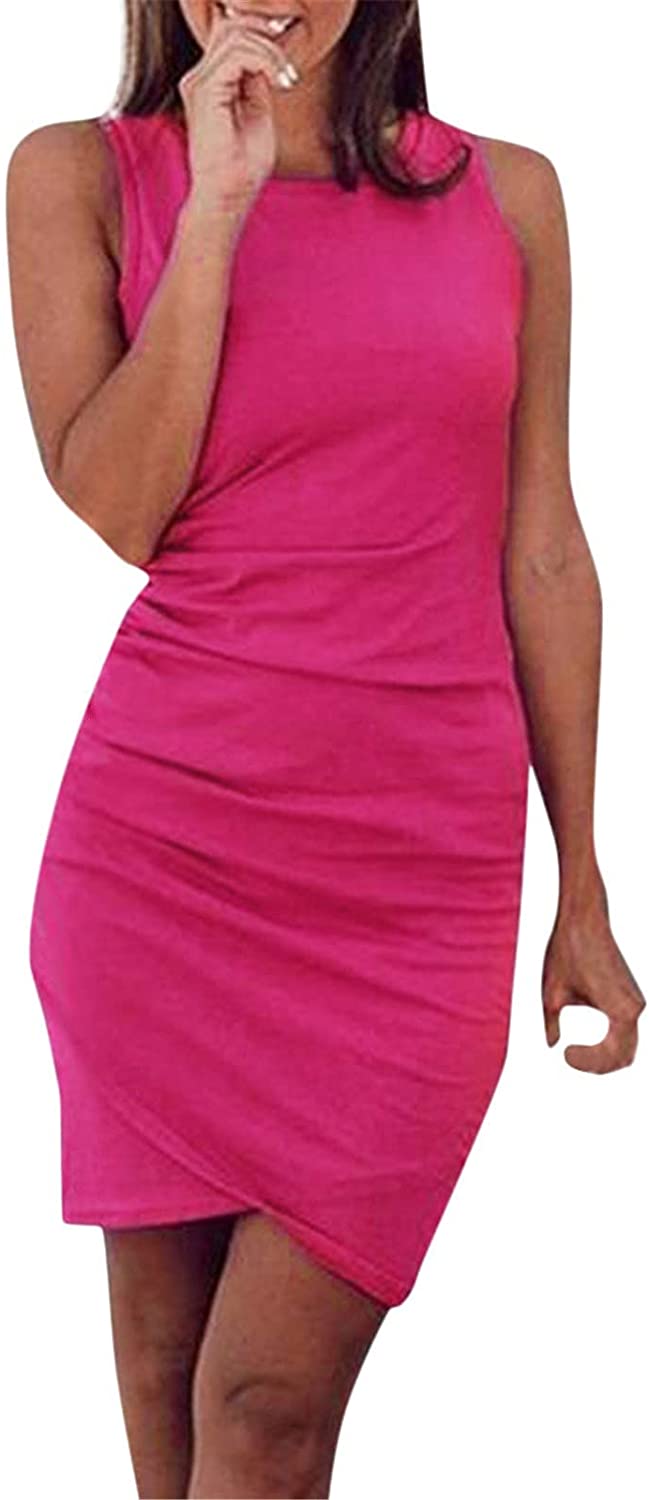 WYTong Women Casual Crew Neck Ruched Sleeveless Tank Bodycon 2021 Shirt Short Mini Dresses Summer Dr