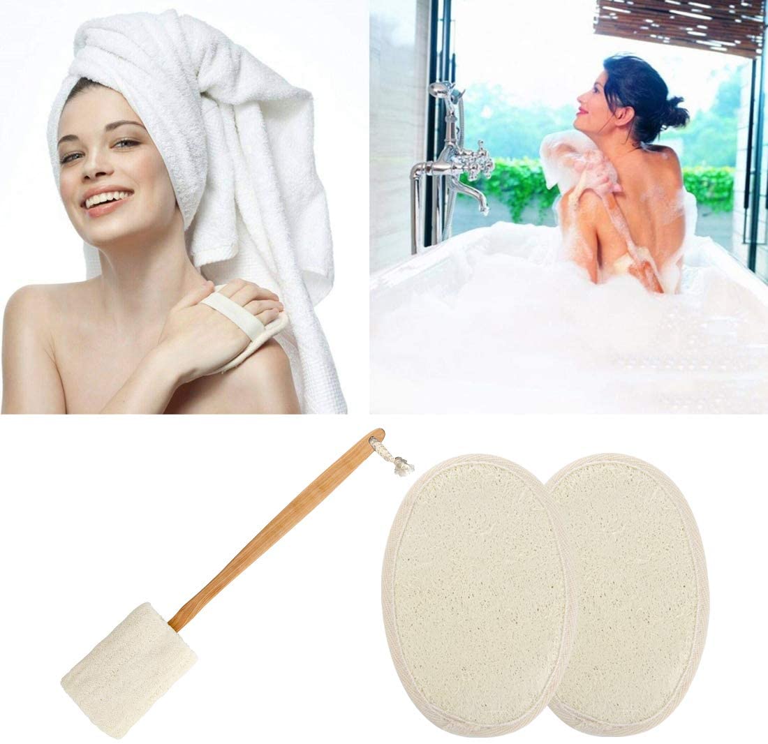 Linkidea 3PCS Bath Loofahs with Long Handle, Body Back Scrubber for Women Men, Natural Exfoliating L