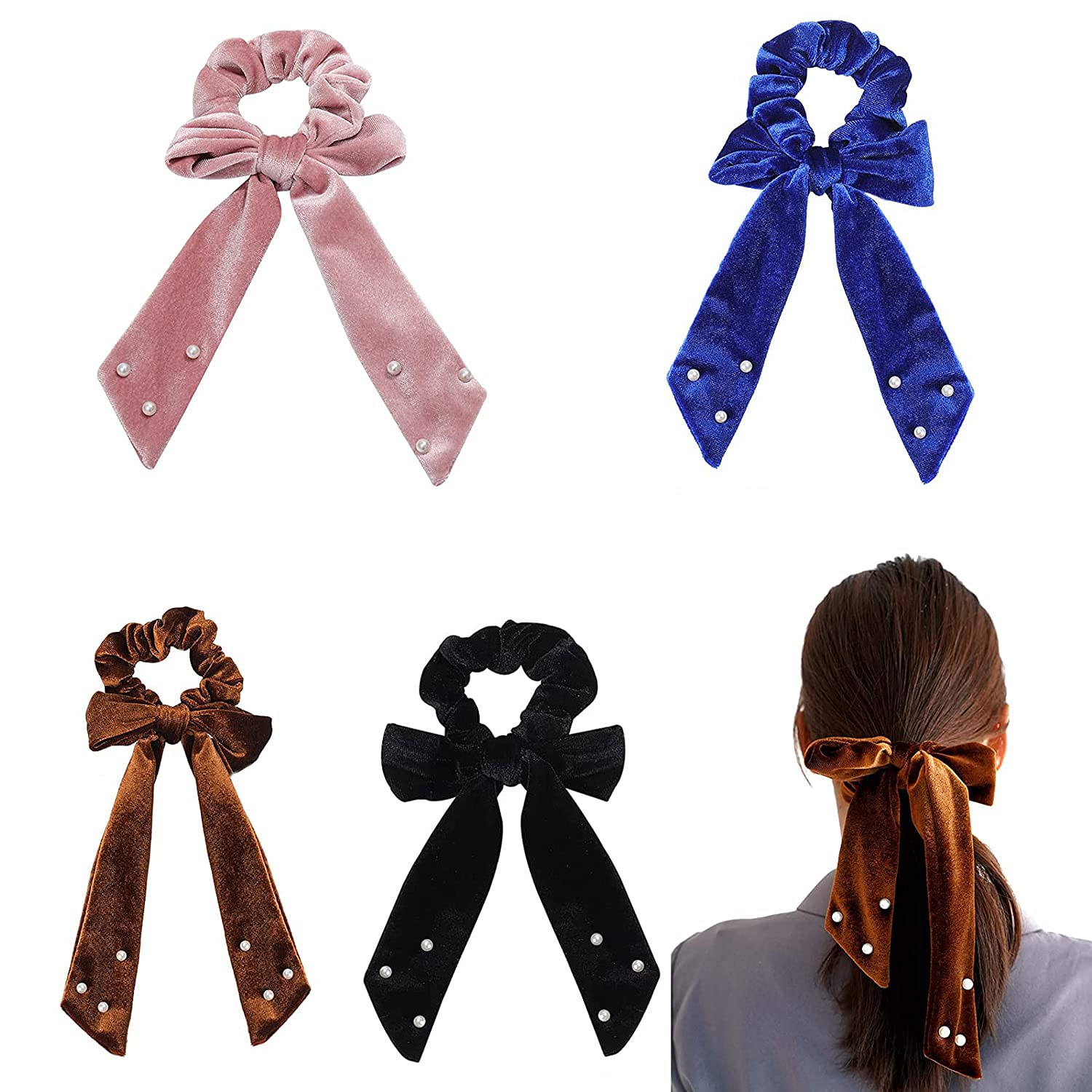 Hair Scarf Scrunchies，4 pcs Hair Bands Ponytail Holder Scrunchy Ties 2 in 1 for women/Girls, Soft 