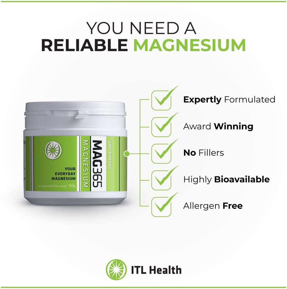 Mag365 Unflavored High Absorption Magnesium Powder Drink for Sleep Support, Stress Relief, Muscle Re