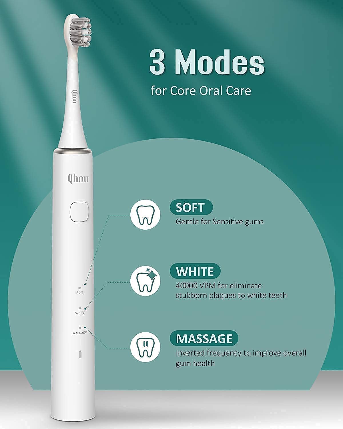 Qhou Electric Sonic Toothbrush with 6 Pack Replacement Brush Heads (Standard Bristles)