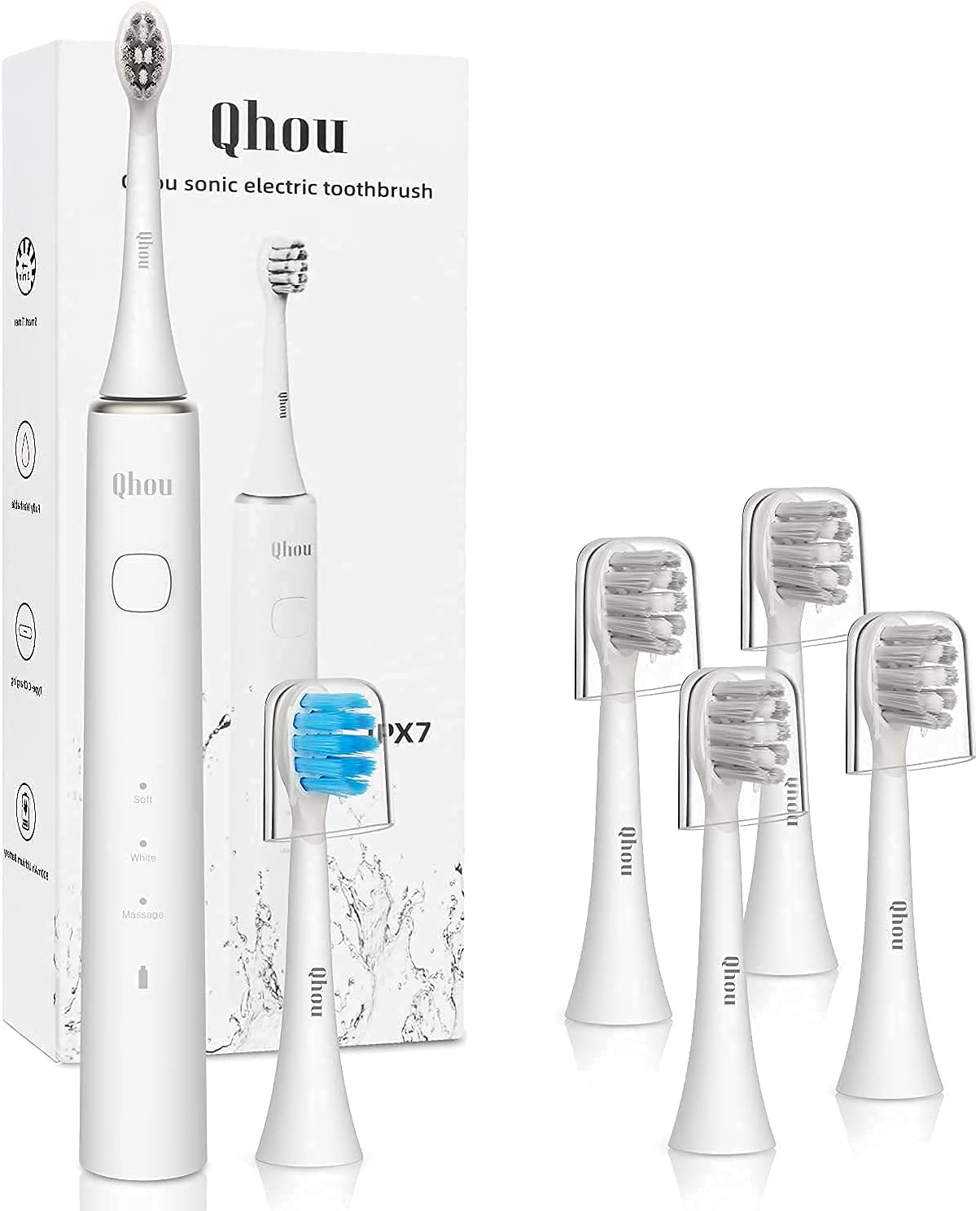 Qhou Electric Sonic Toothbrush with 6 Pack Replacement Brush Heads (Standard Bristles)
