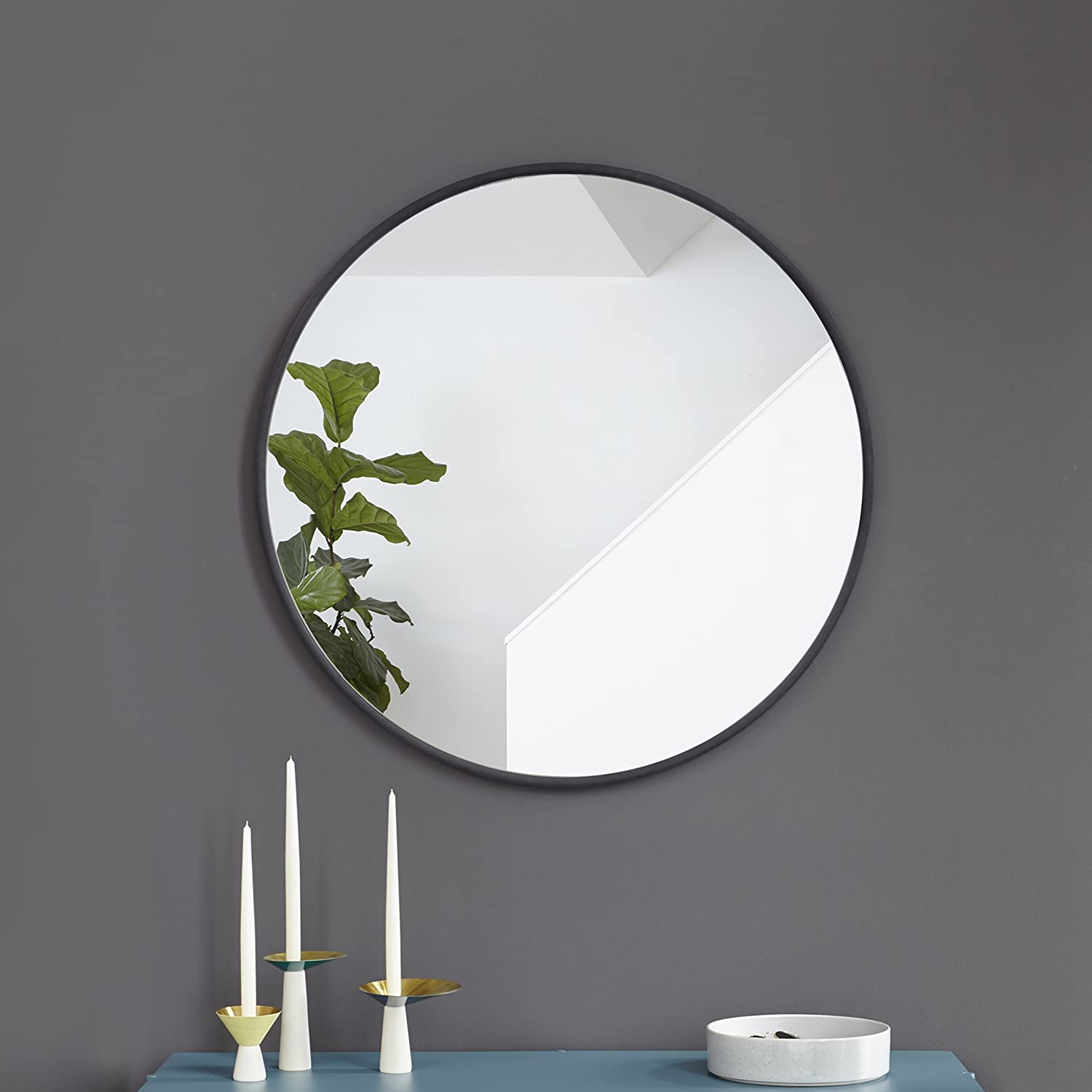Umbra Hub 37” Round Wall Mirror with Rubber Frame, Modern Decor for Entryways, Washrooms, Living R