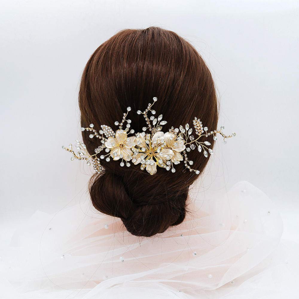 Wedding Bridal Comb Barrette,Bridal Rhinestone Hair Comb (Golden), Flower Leaf Crystal Insert Comb H