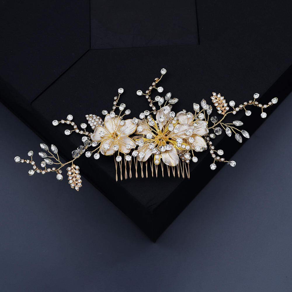Wedding Bridal Comb Barrette,Bridal Rhinestone Hair Comb (Golden), Flower Leaf Crystal Insert Comb H