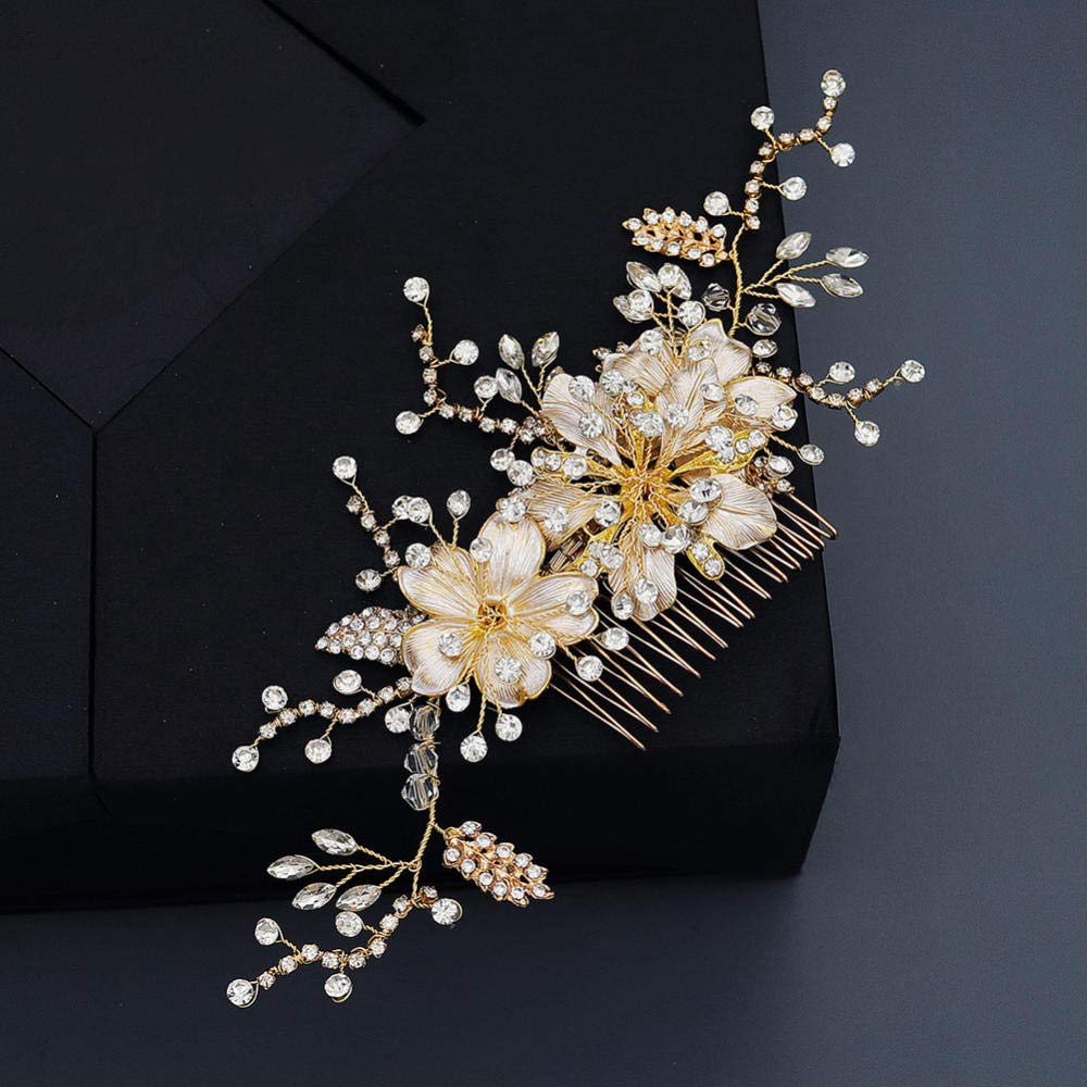 Wedding Bridal Comb Barrette,Bridal Rhinestone Hair Comb (Golden), Flower Leaf Crystal Insert Comb H