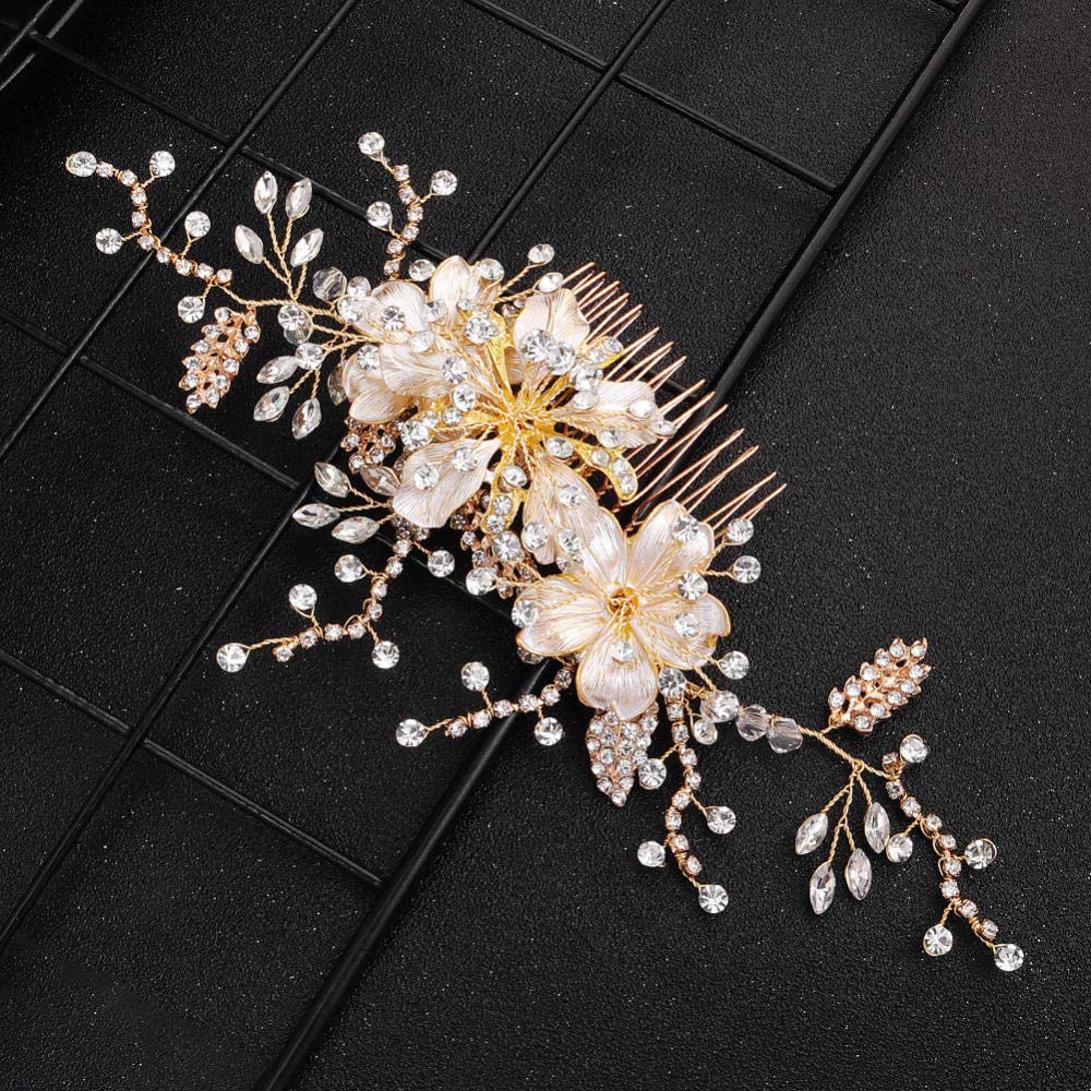 Wedding Bridal Comb Barrette,Bridal Rhinestone Hair Comb (Golden), Flower Leaf Crystal Insert Comb H