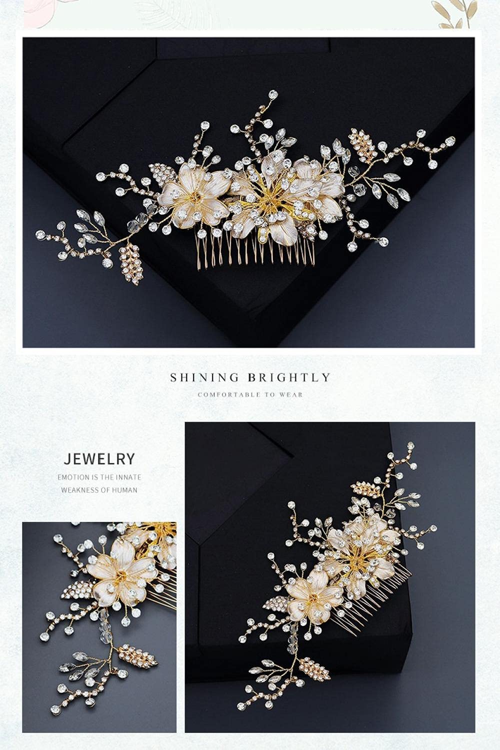 Wedding Bridal Comb Barrette,Bridal Rhinestone Hair Comb (Golden), Flower Leaf Crystal Insert Comb H