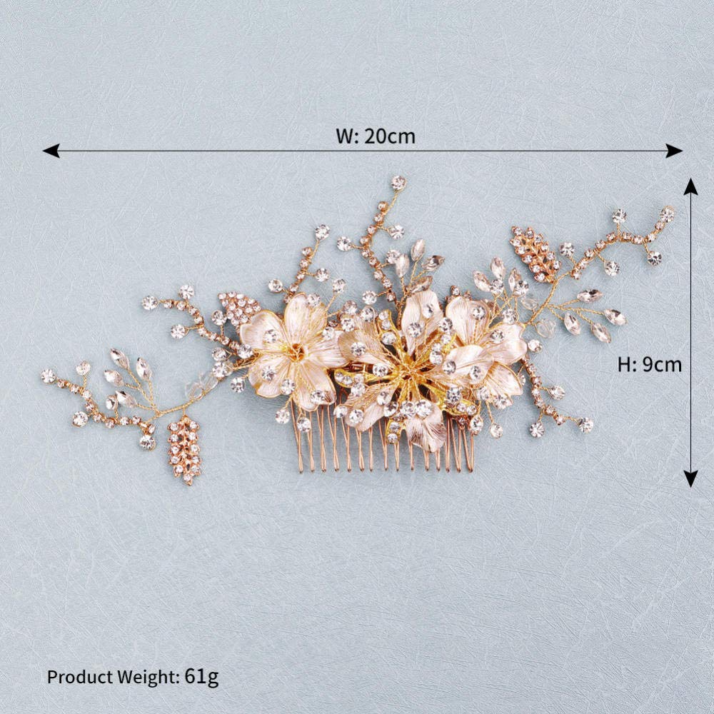Wedding Bridal Comb Barrette,Bridal Rhinestone Hair Comb (Golden), Flower Leaf Crystal Insert Comb H