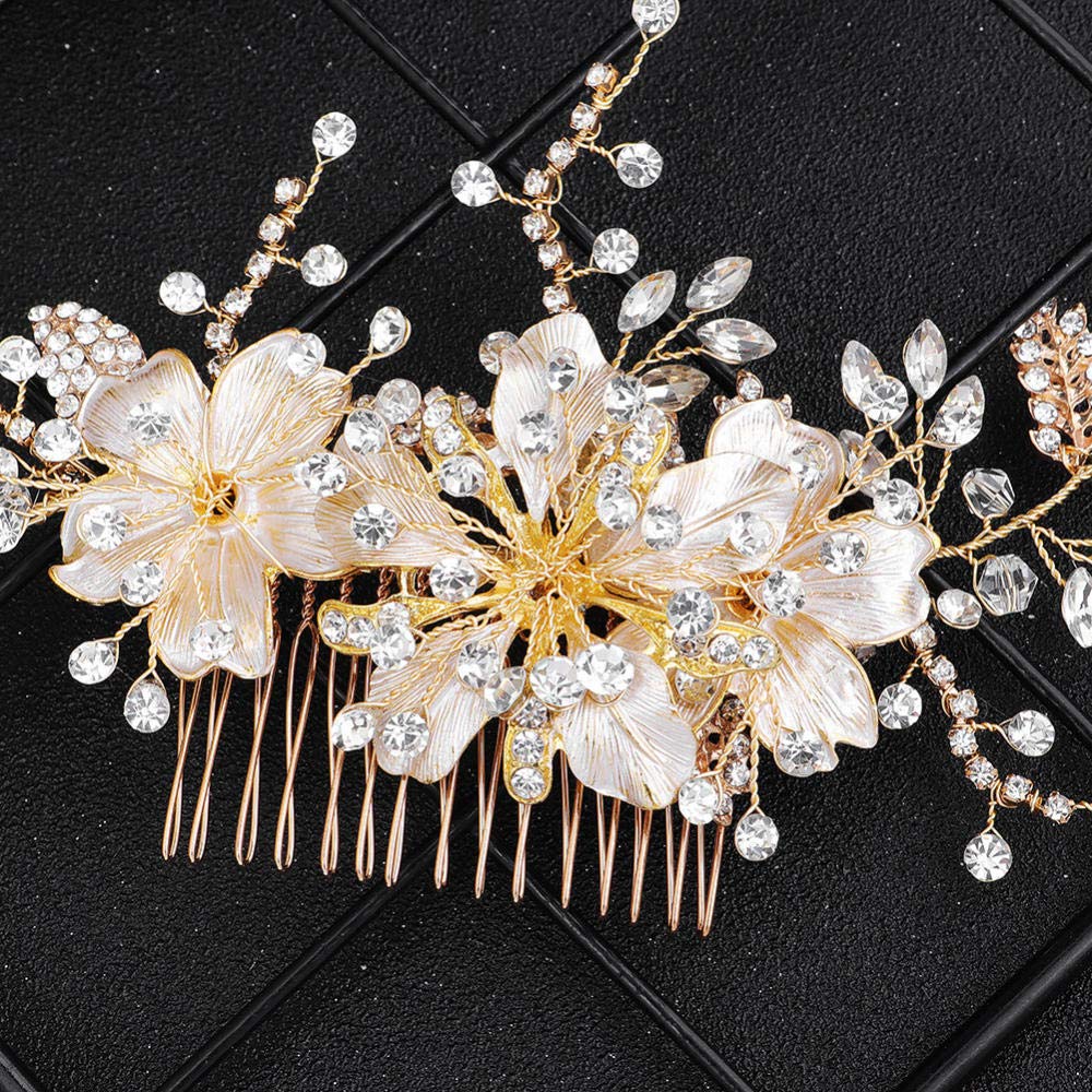 Wedding Bridal Comb Barrette,Bridal Rhinestone Hair Comb (Golden), Flower Leaf Crystal Insert Comb H