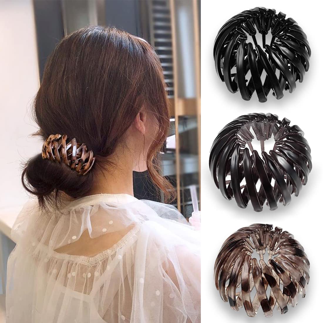 3 Pieces Expandable Ponytail Holder Ponytail Hairpin Curling Birds Nest Hair Clip Vintage Geometric 