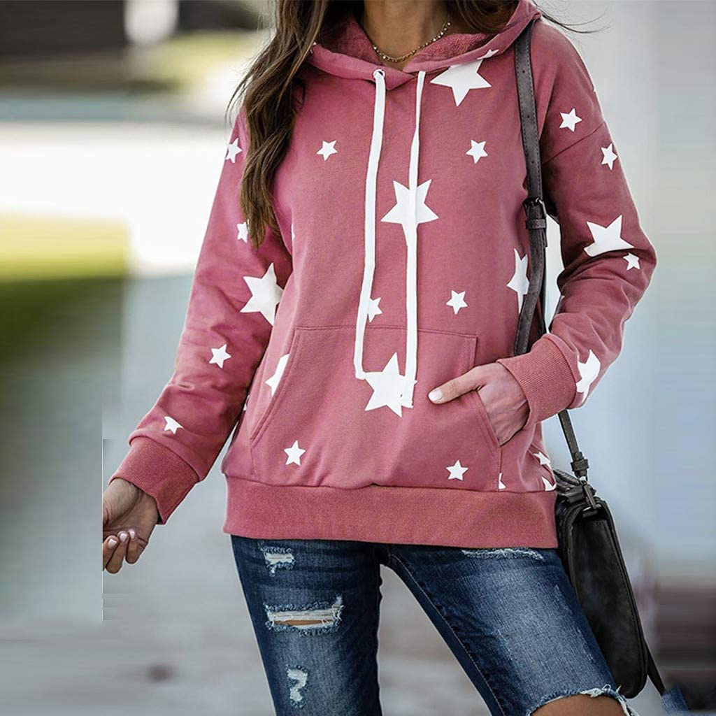 Dosoop Women Casual Tops Stars Print Shirt Long Sleeve Tunics Comfy Soft Drawstring Hoodie Pullover