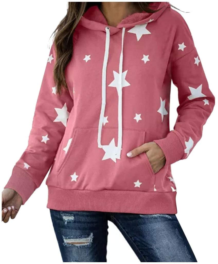 Dosoop Women Casual Tops Stars Print Shirt Long Sleeve Tunics Comfy Soft Drawstring Hoodie Pullover