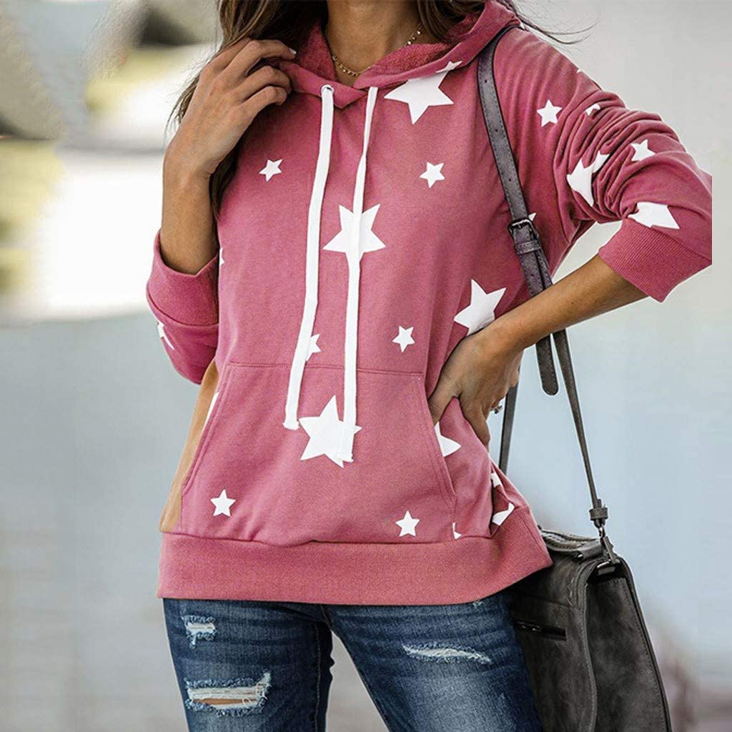 Dosoop Women Casual Tops Stars Print Shirt Long Sleeve Tunics Comfy Soft Drawstring Hoodie Pullover