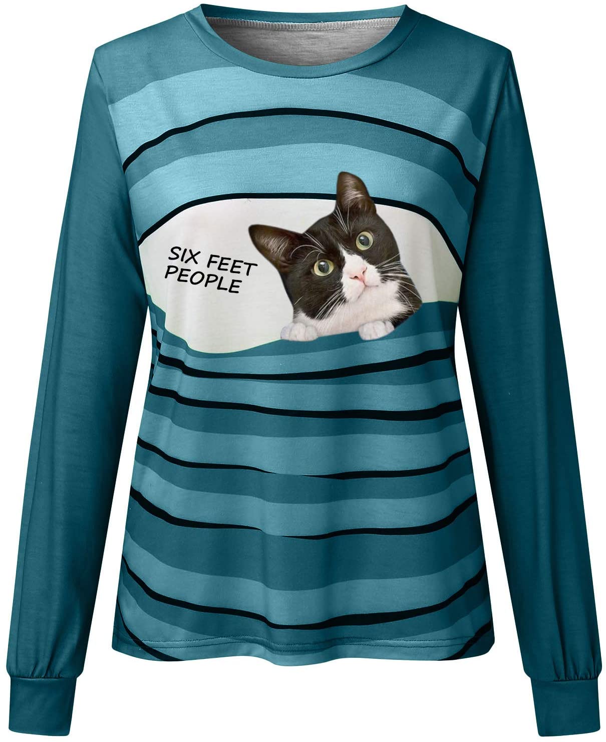 Dosoop Women Graphic Long Sleeve Crewneck Casual Cat Striped Print Novelty Tee Shirt Patchwork Pullo