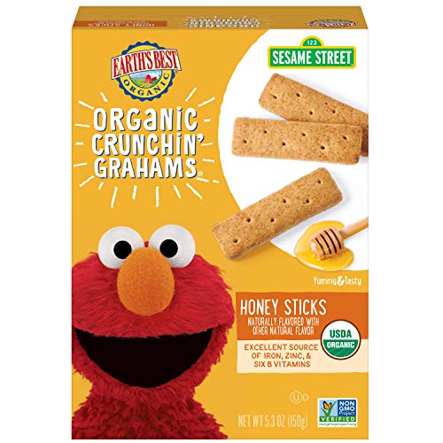Earth's Best Organic Sesame Street Toddler Snacks, Crunchin' Honey Sticks, Grahams, 5.3 Oz Box (Pack