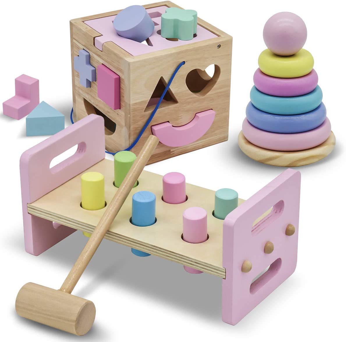 WALIKI Pounding Bench with Hammer, Wood Shape Sorter Box, Rainbow Stacker, Pastel Colors, Complete S