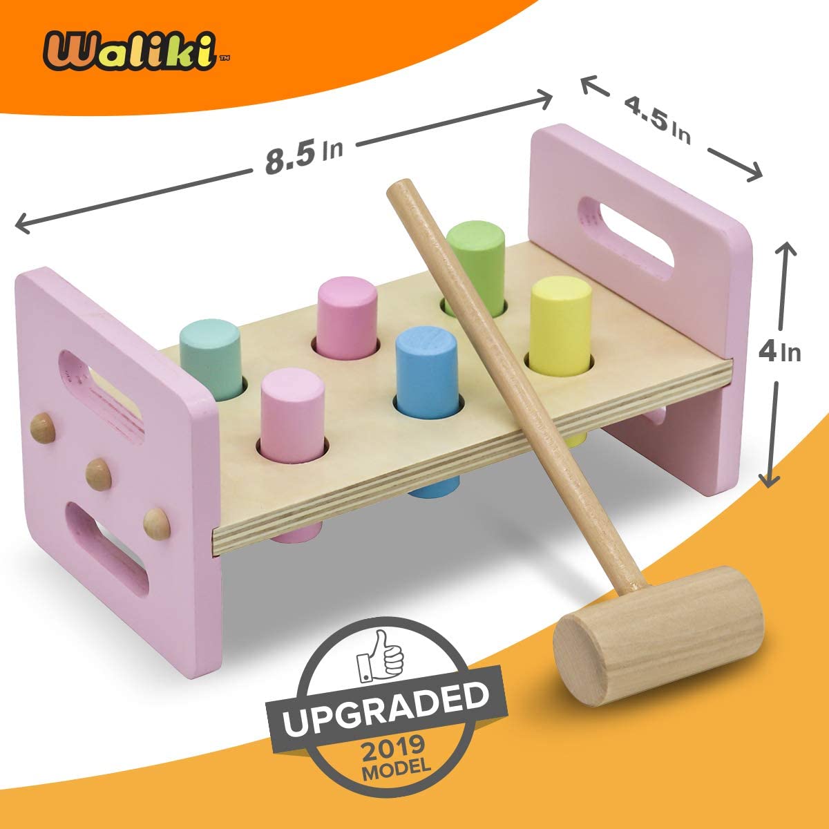 WALIKI Pounding Bench with Hammer, Wood Shape Sorter Box, Rainbow Stacker, Pastel Colors, Complete S