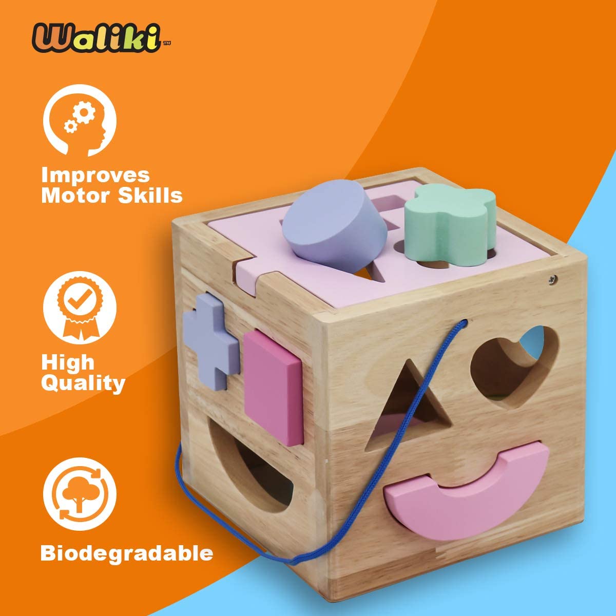 WALIKI Pounding Bench with Hammer, Wood Shape Sorter Box, Rainbow Stacker, Pastel Colors, Complete S
