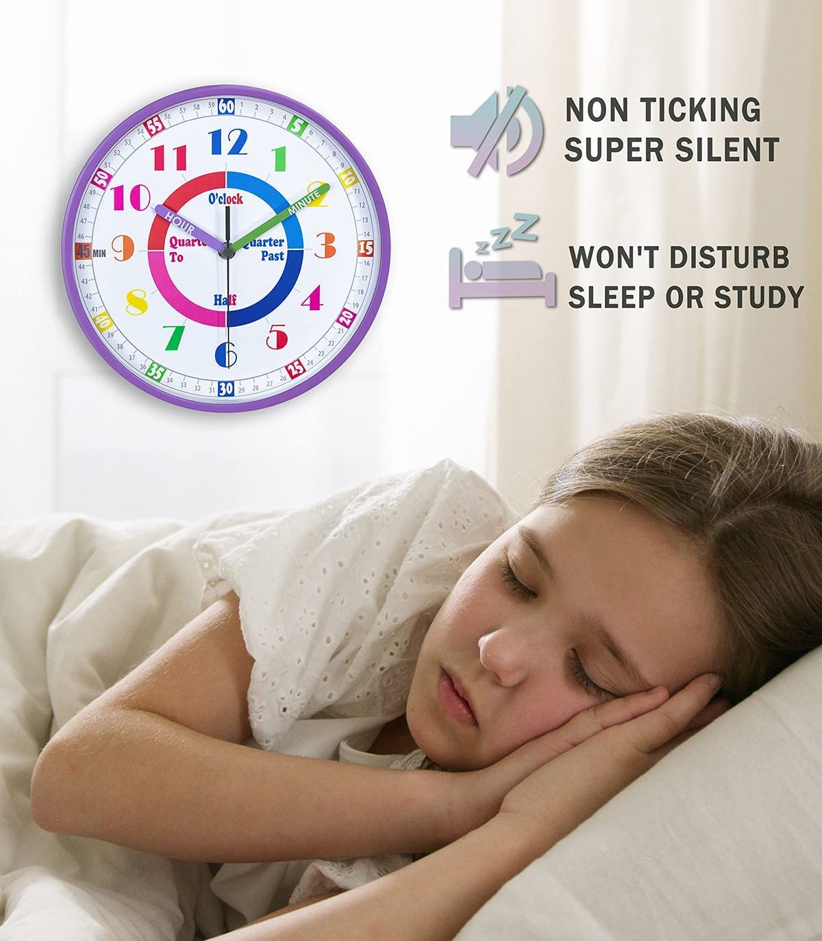 Telling Time Teaching Wall Clock, Silent Movement, Educational Wall Clock, Makes Kids Learning Time 