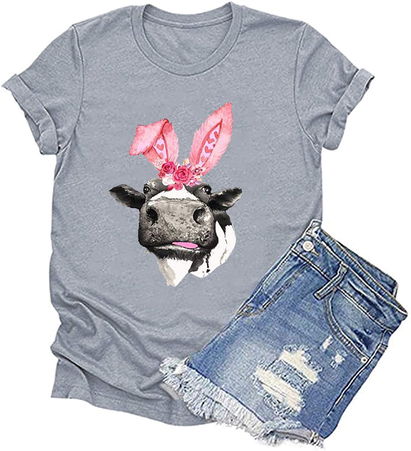 Dosoop Easter Cute Graphic Tees for Women Summer Casual Novelty Print Crewneck Short Sleeve T Shirt