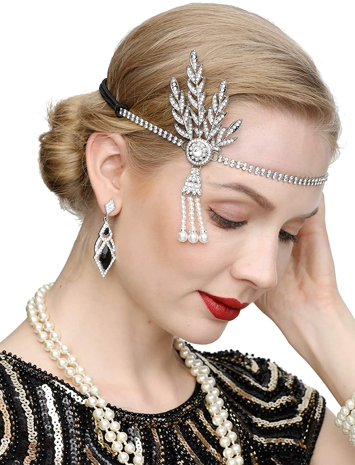 Art Deco 1920s Flapper Great Gatsby Leaf Wedding Bridal Tiara Pearl Headpiece Headband