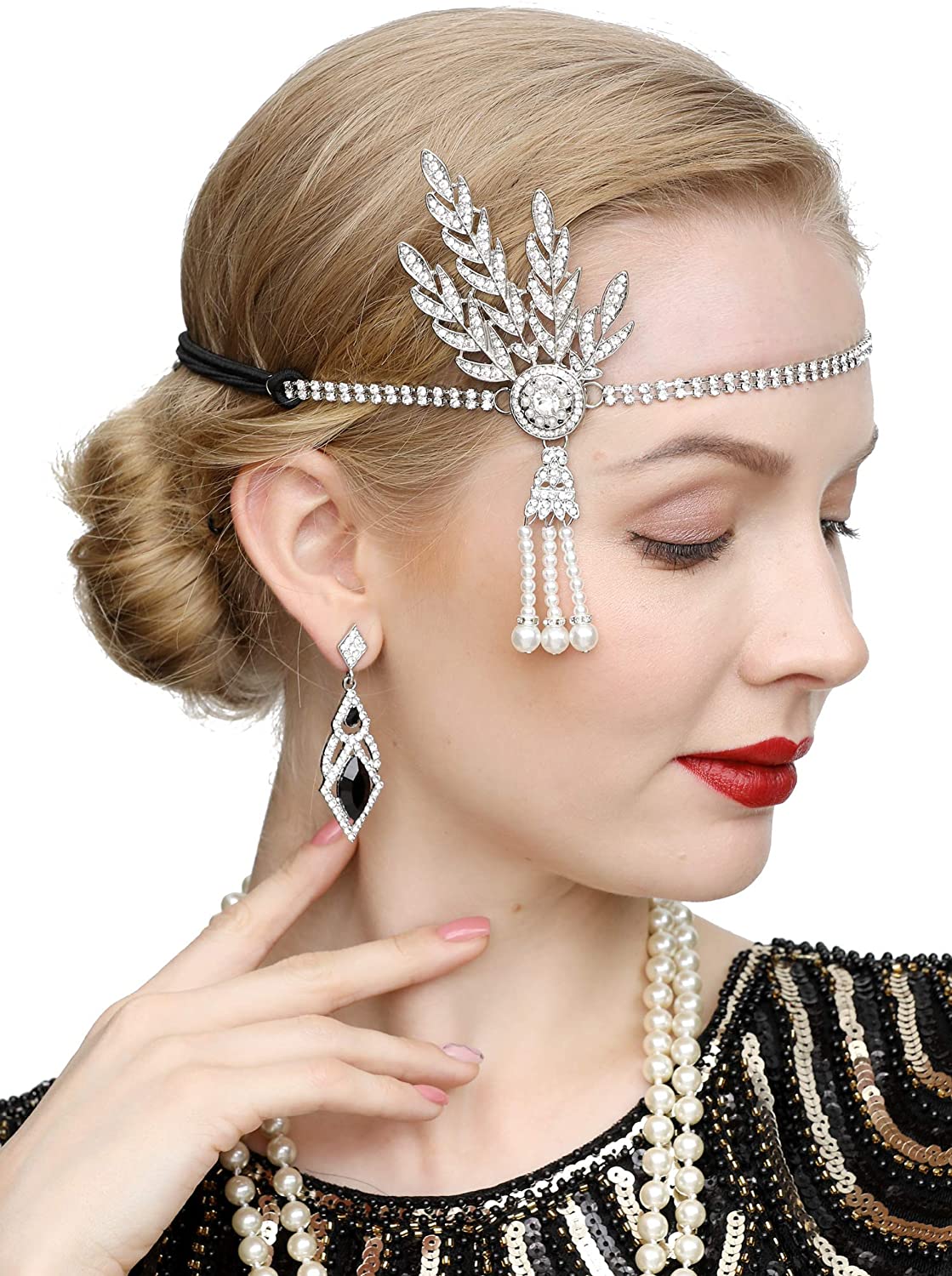 Art Deco 1920s Flapper Great Gatsby Leaf Wedding Bridal Tiara Pearl Headpiece Headband