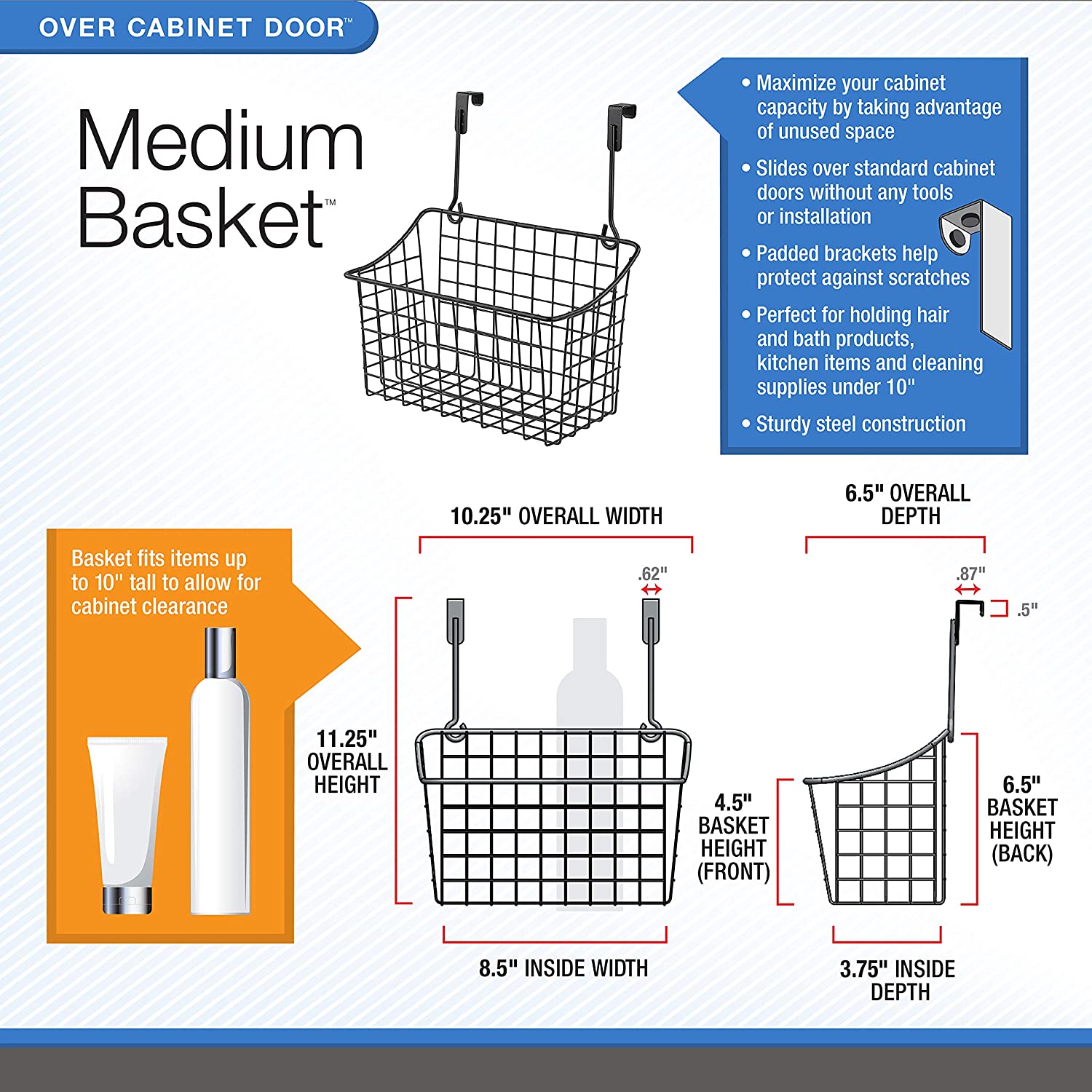 Spectrum Grid Storage Basket, Over The Cabinet, Steel Wire Sink Organization for Kitchen & Bathroom,