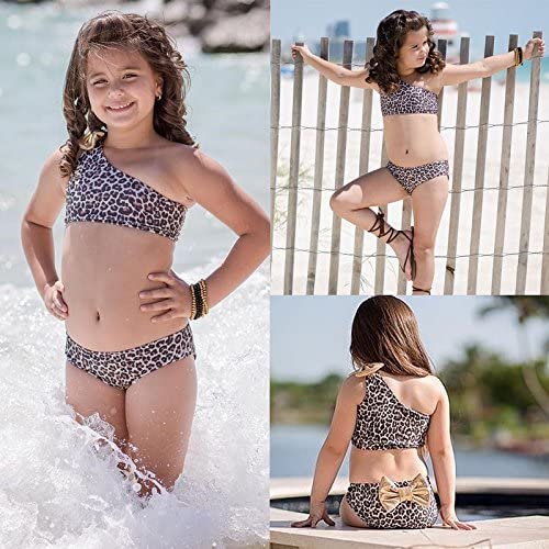 Kids Baby Girls 3pcs Leopard One Shoulder Vest Panties Bowknot Bikini Set Swimsuit Bathing Suit