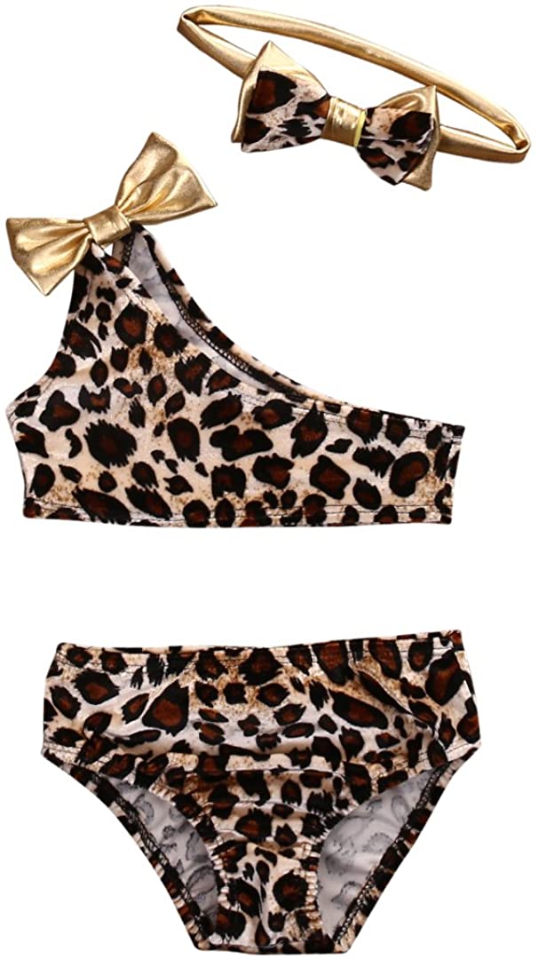 Kids Baby Girls 3pcs Leopard One Shoulder Vest Panties Bowknot Bikini Set Swimsuit Bathing Suit