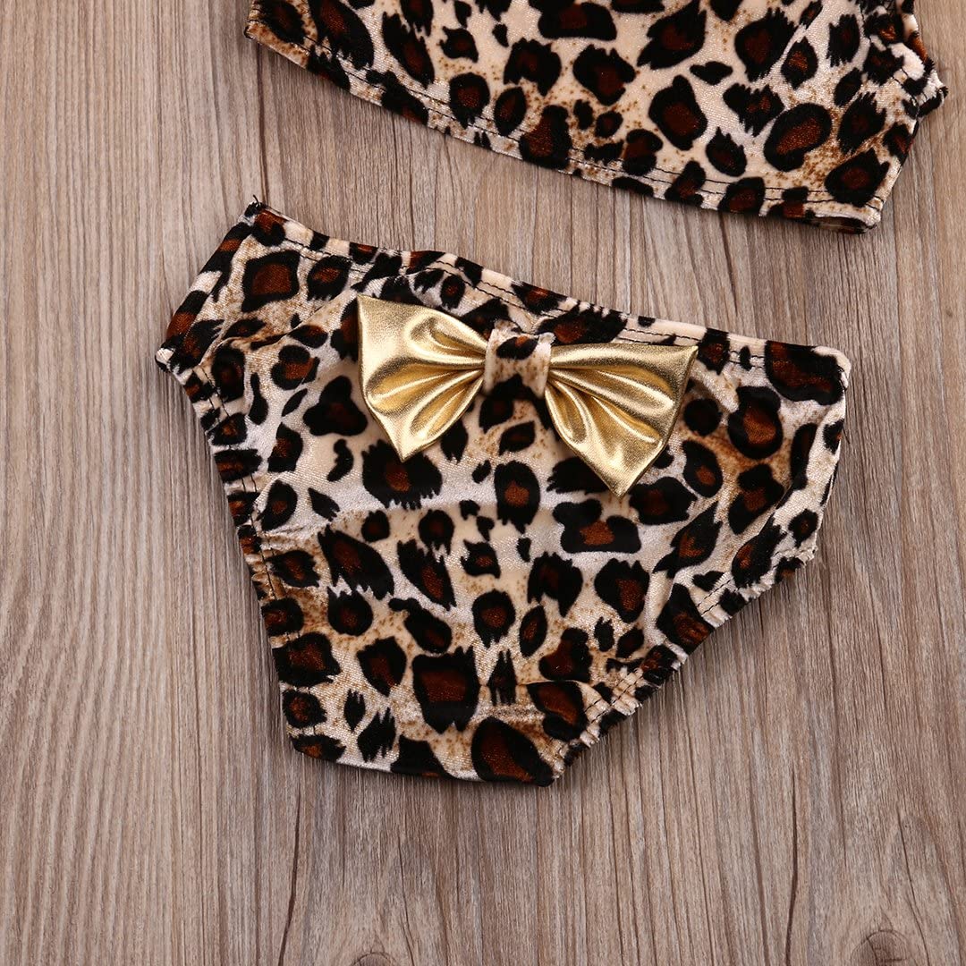 Kids Baby Girls 3pcs Leopard One Shoulder Vest Panties Bowknot Bikini Set Swimsuit Bathing Suit