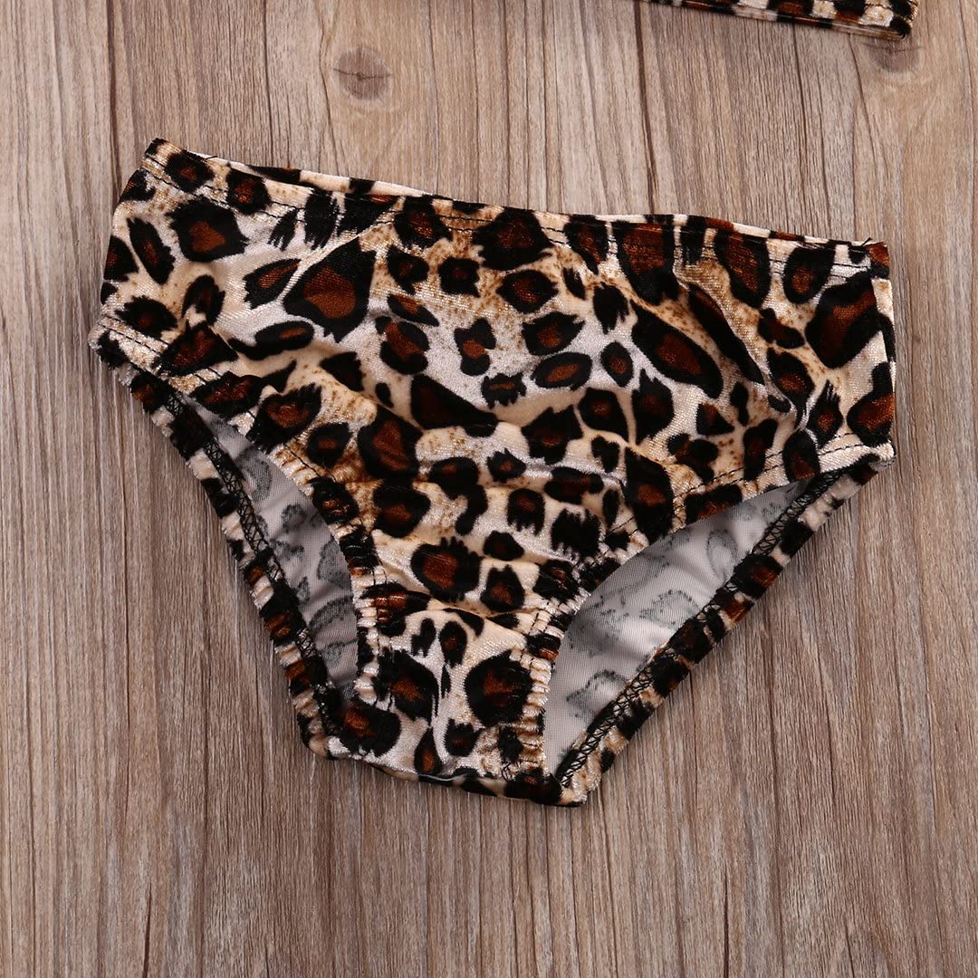 Kids Baby Girls 3pcs Leopard One Shoulder Vest Panties Bowknot Bikini Set Swimsuit Bathing Suit