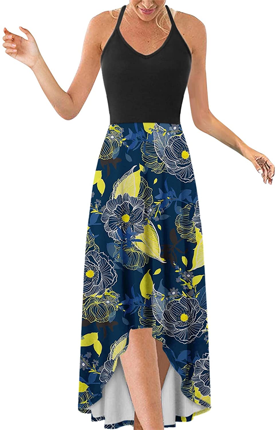 WYTong Women Party Maxi Dress V-Neck Elegant Irregular Hem Prints Summer Beach Dress Spaghetti Strap