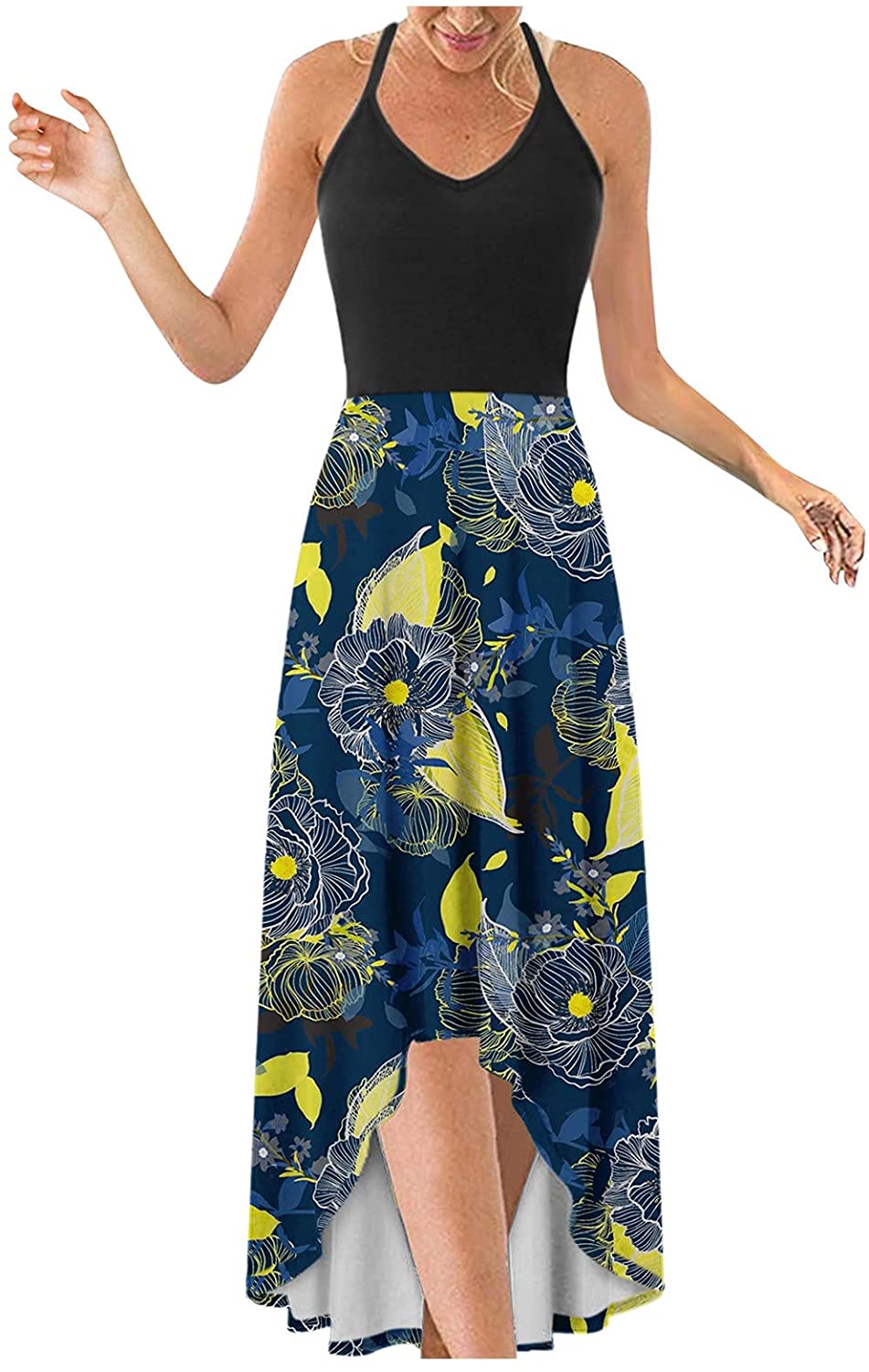 WYTong Women Party Maxi Dress V-Neck Elegant Irregular Hem Prints Summer Beach Dress Spaghetti Strap