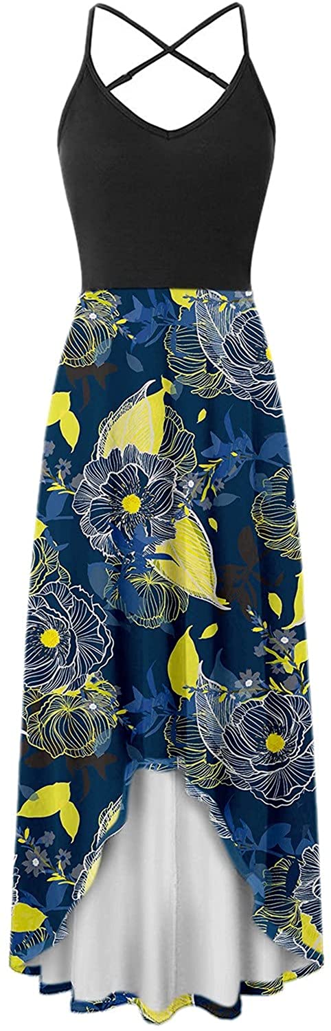 WYTong Women Party Maxi Dress V-Neck Elegant Irregular Hem Prints Summer Beach Dress Spaghetti Strap