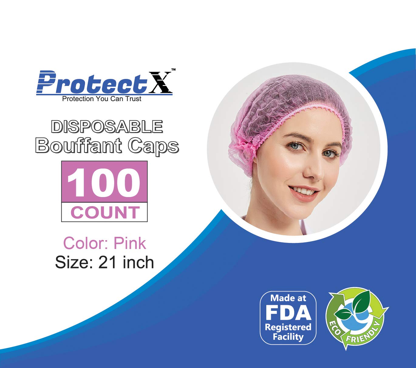 ProtectX Disposable Bouffant (Hair Net) Caps Hair Head Cover Nets 21” (Pink 100 pack)