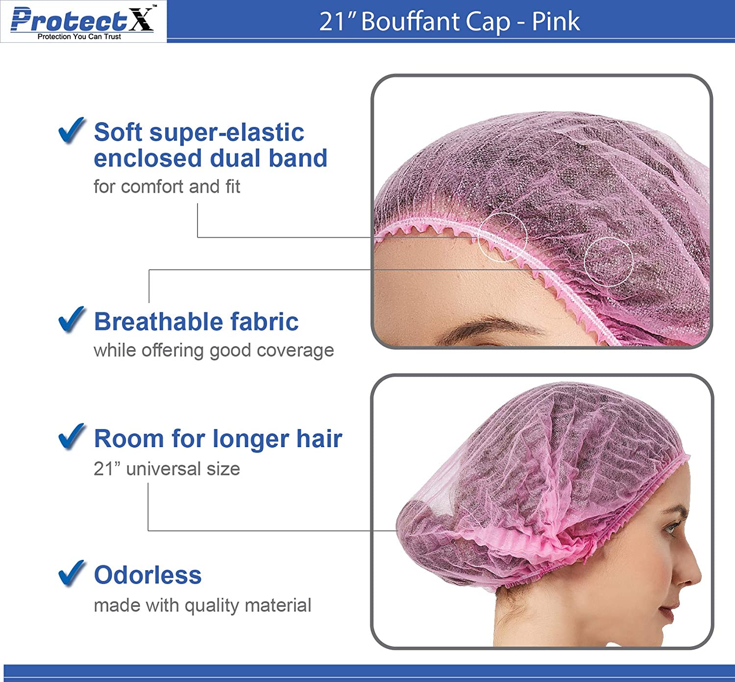 ProtectX Disposable Bouffant (Hair Net) Caps Hair Head Cover Nets 21” (Pink 100 pack)