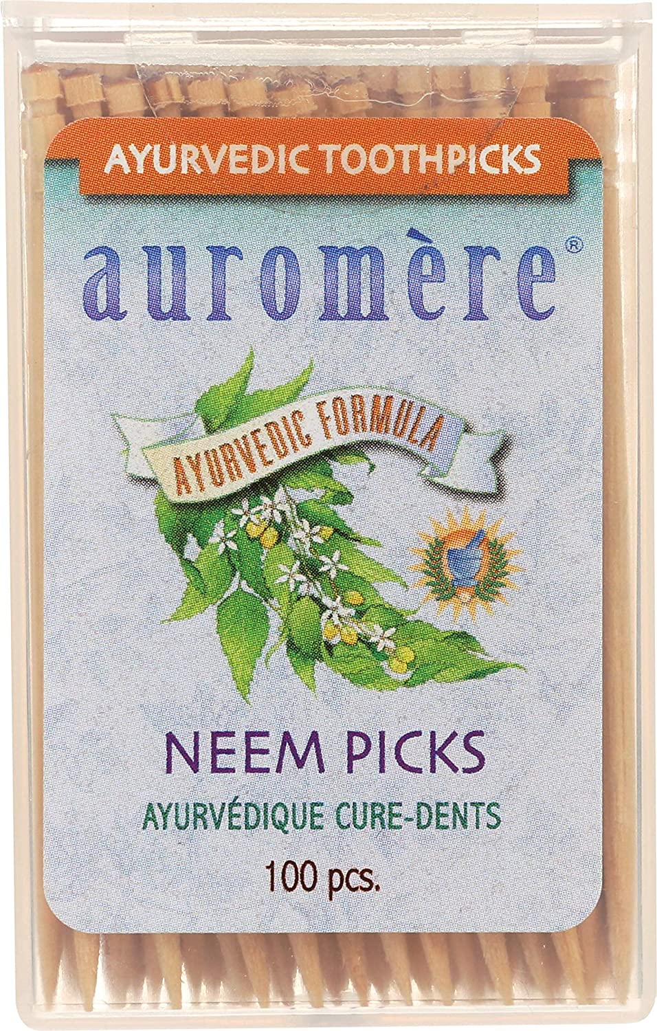 Auromere Ayurvedic Neem Toothpicks - Vegan, Natural, Non GMO, Made from Birchwood (100 Count), 12 Pa