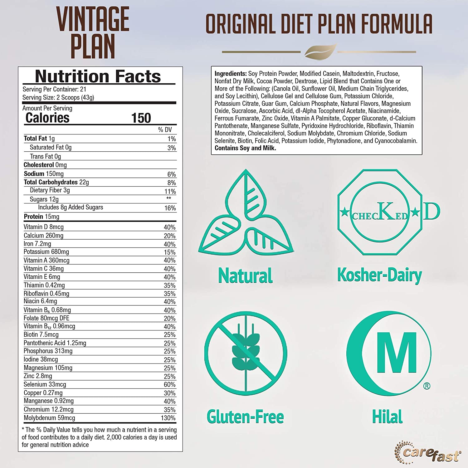 Carefast Vintage Plan Meal Replacement Mix - Chocolate - 21 Serving Weight Loss Powder - 15g Protein