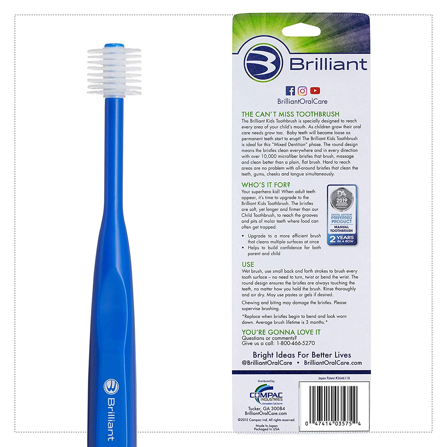 Brilliant Kids Toothbrush Ages 5-9 Years - When Adult Teeth Appear - Micro Bristles Clean All-Around