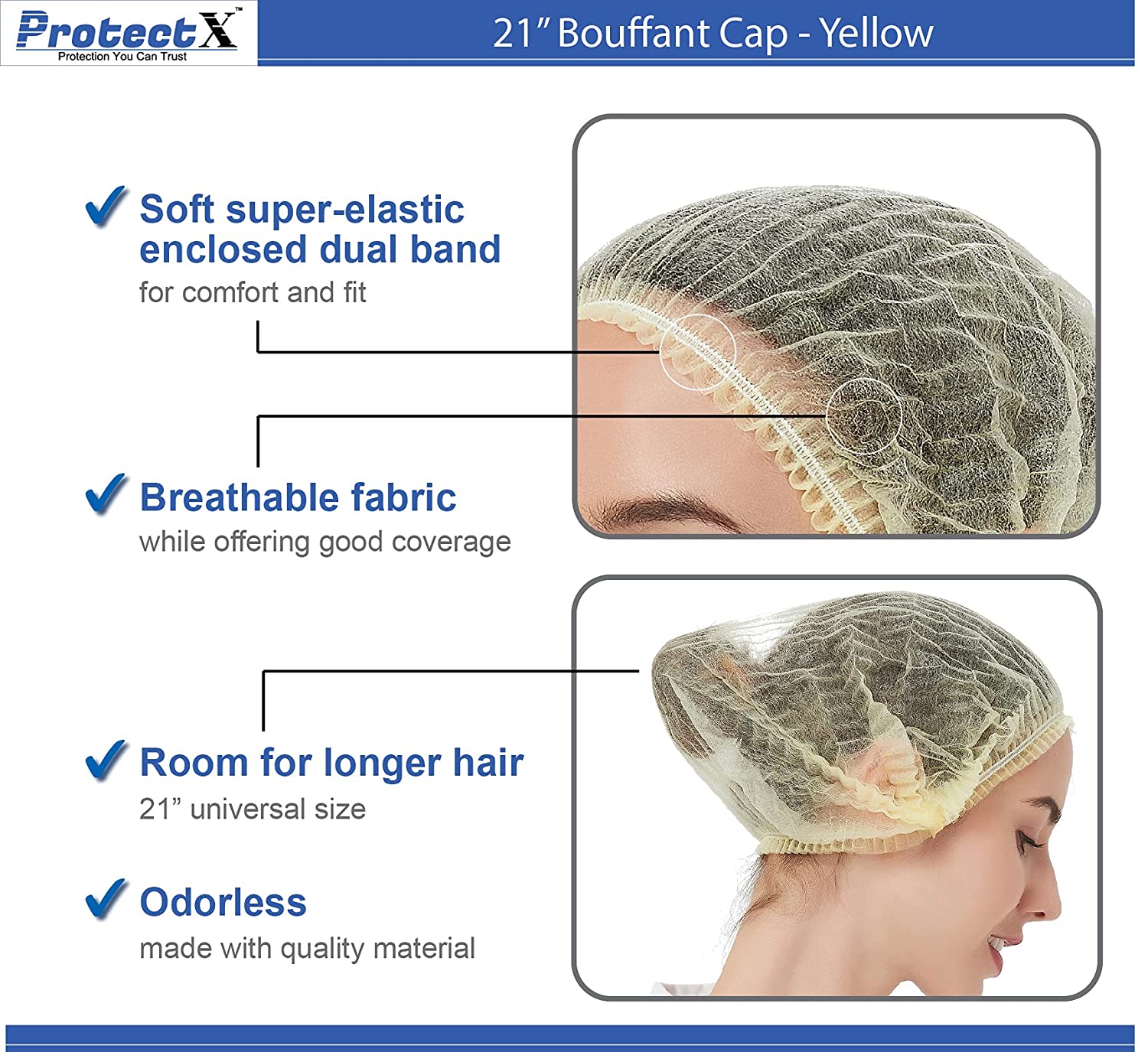ProtectX Disposable Bouffant (Hair Net) Caps Hair Head Cover Nets 21” (Yellow 100 pack)