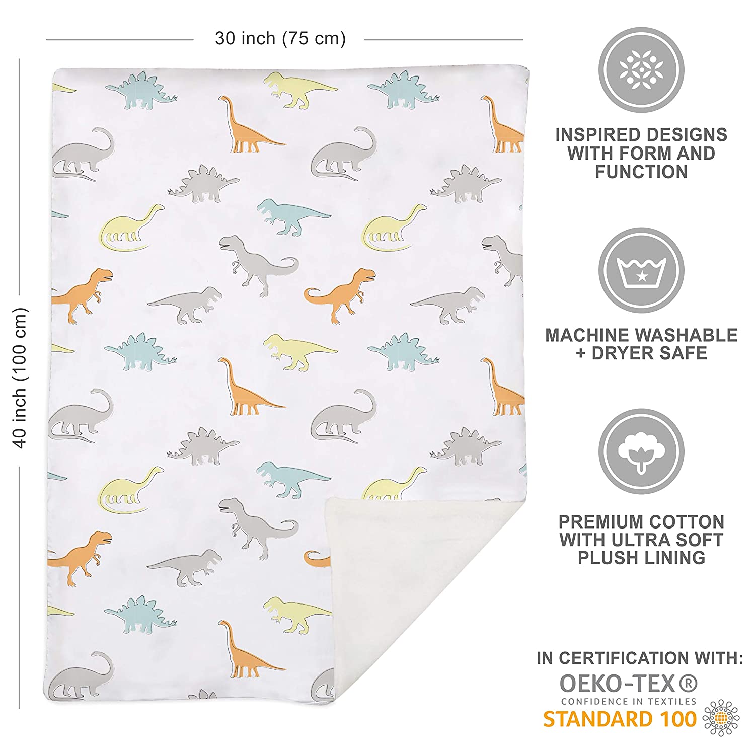 Lolli Living Lolli Cotton Baby Blanket with Sherpa. Dino Land Print Blanket for Cribs and Strollers 