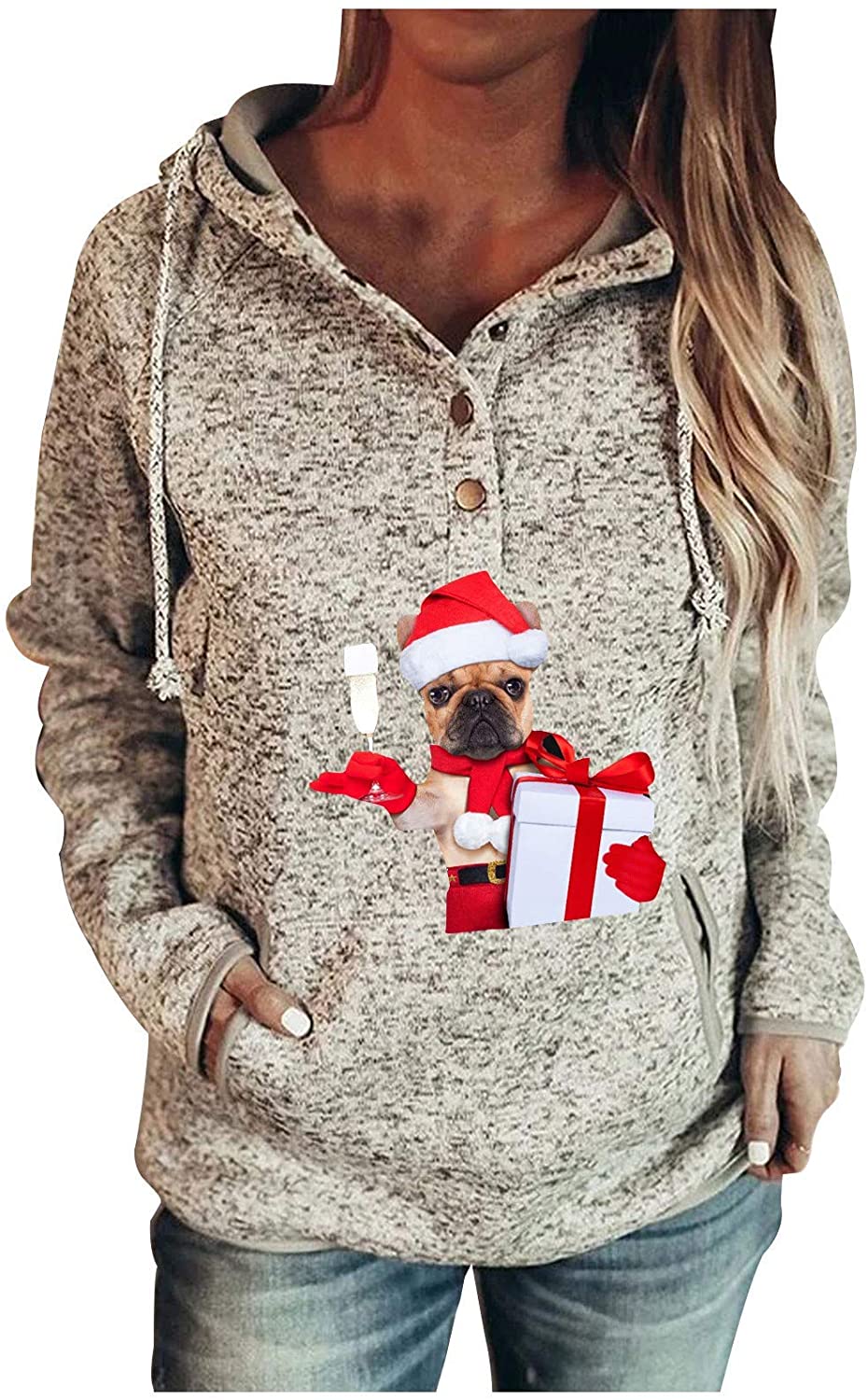 Dosoop Womens Button Collar Christmas Printed Hooded Sweatshirt Long Sleeve Pullover Drawstring Hood