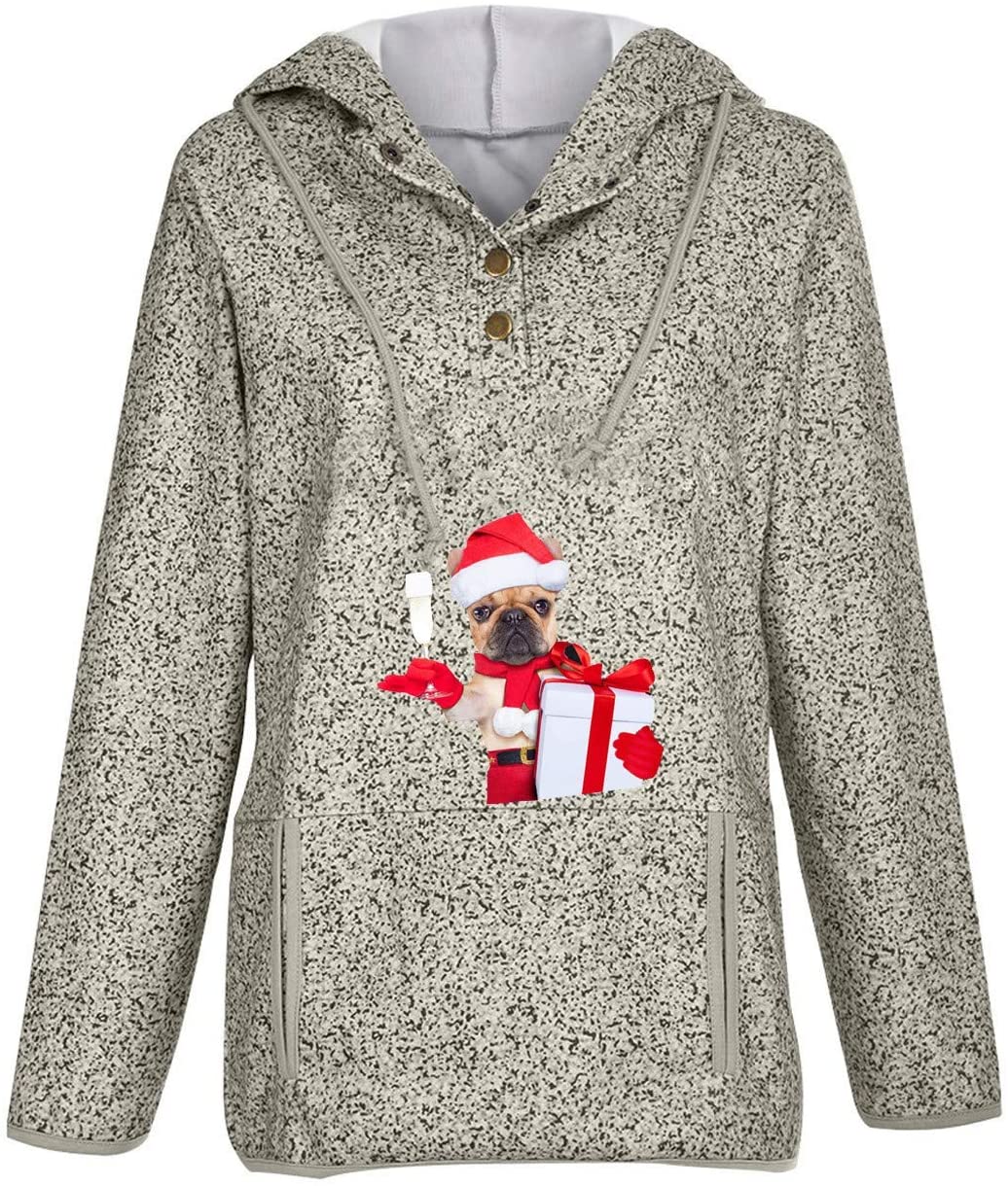 Dosoop Womens Button Collar Christmas Printed Hooded Sweatshirt Long Sleeve Pullover Drawstring Hood