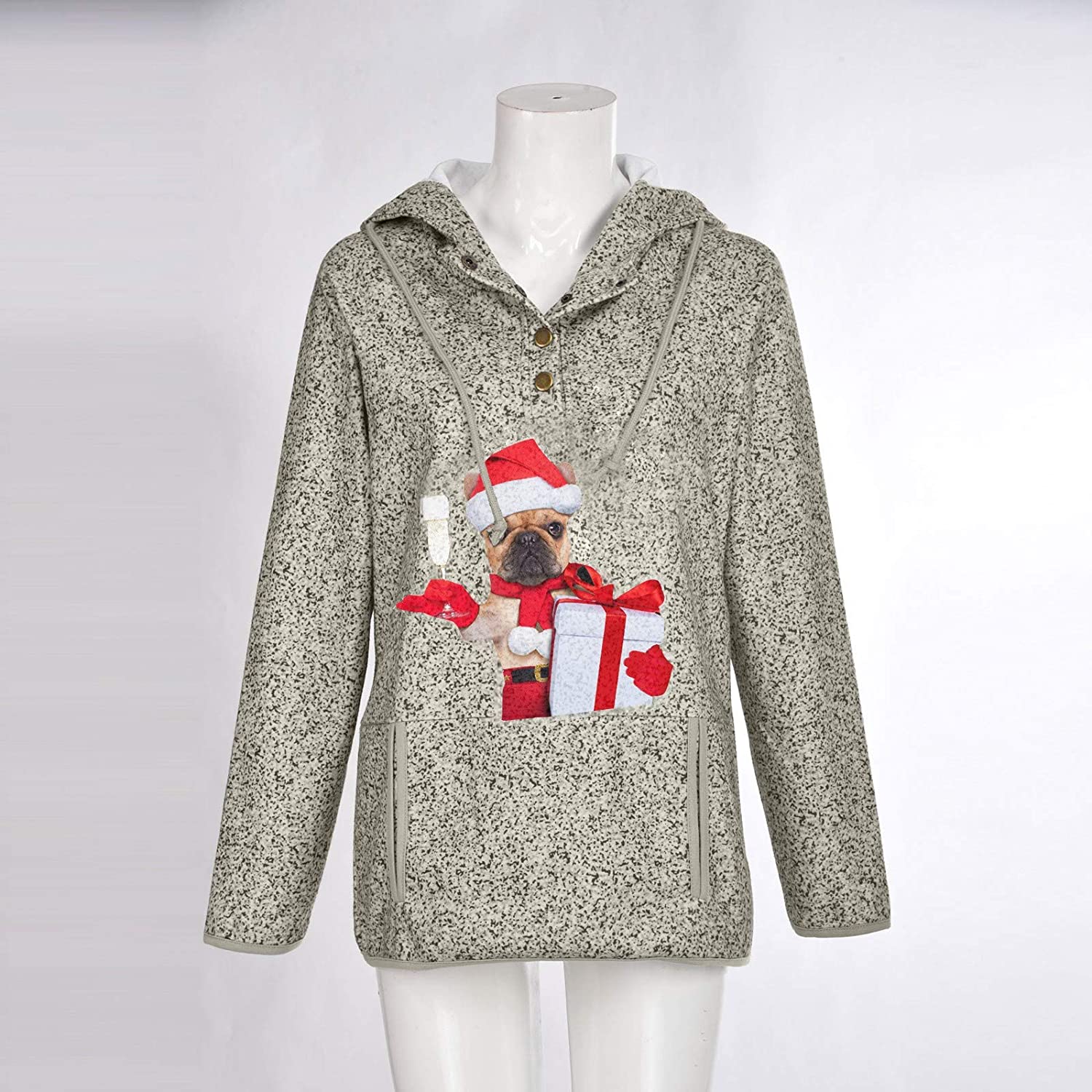 Dosoop Womens Button Collar Christmas Printed Hooded Sweatshirt Long Sleeve Pullover Drawstring Hood