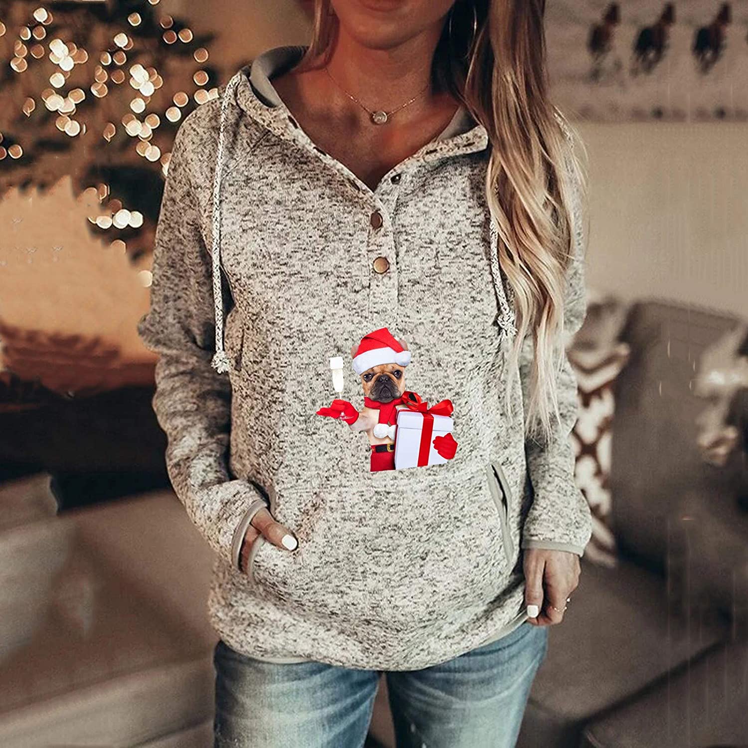 Dosoop Womens Button Collar Christmas Printed Hooded Sweatshirt Long Sleeve Pullover Drawstring Hood