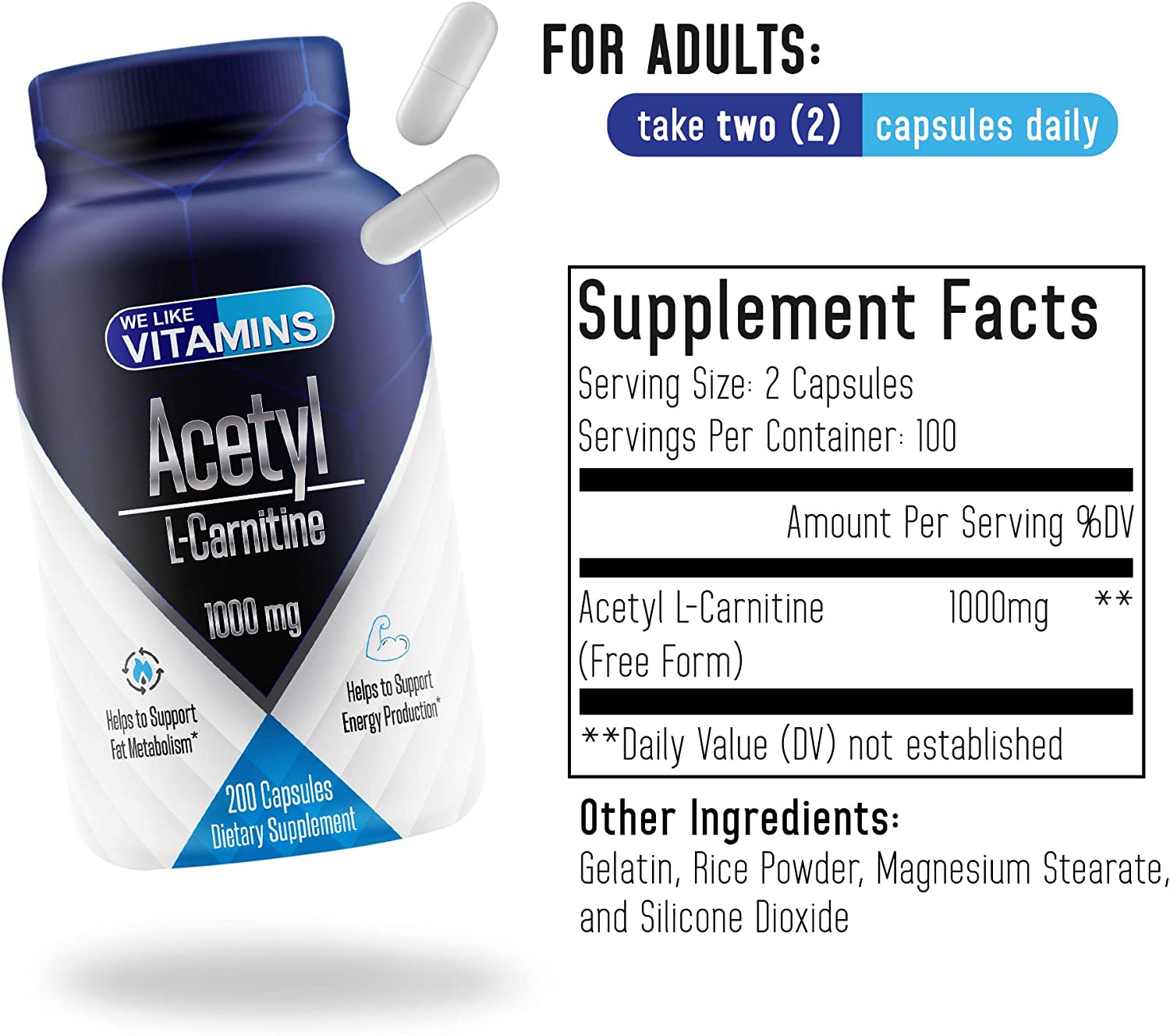 Acetyl L-Carnitine 1000mg (per Serving, 100 Servings) 200 Capsules - 100 Day Supply - Acetyl l carni