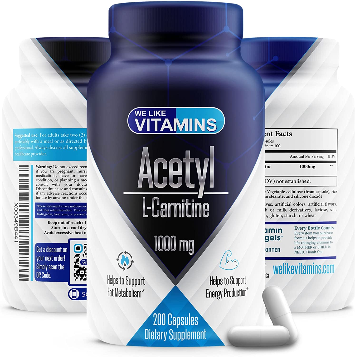 Acetyl L-Carnitine 1000mg (per Serving, 100 Servings) 200 Capsules - 100 Day Supply - Acetyl l carni