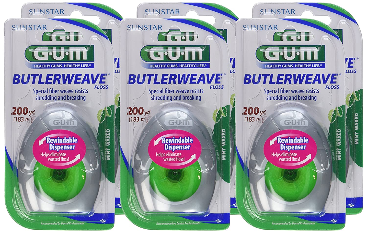 GUM ButlerWeave Waxed Dental Floss, Rewindable Dispenser, Mint, 200