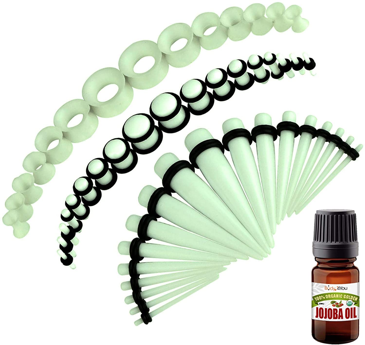 BodyJ4You 50PC Gauges Kit Ear Stretching Aftercare Jojoba Oil Wax 14G-12MM Tunnel Plug Taper Set